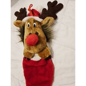 VTG Smithy Plush Red Nose Reindeer Moose Christmas Stocking W Santa Hat Decor